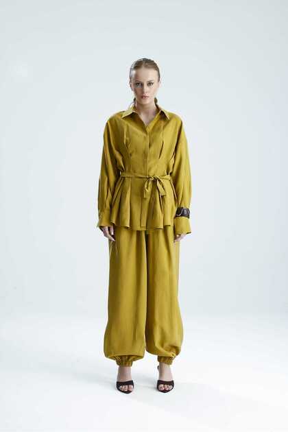 Agapi̇ Mustard Belted Shirt and Shalwar Pants Set