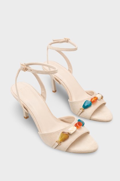 Women's Pointed Toe Ankle Strap Shoes with Sea Stone Detail Casual Heeled Shoes Marassi Beige Suede