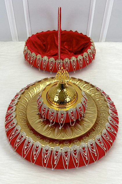 Red Henna Night Tray Basket Bridal Set, Luxury with Velvet Shiny Stones, Engagement Wedding Wedding Ceremony Circumcision