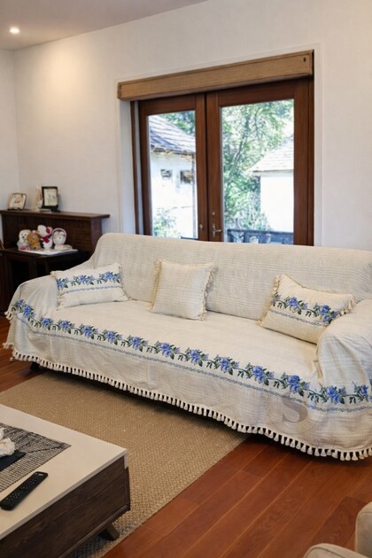 300X180 Gül Cross-Stitch Embroidered Sofa Bed Sofa Cover Buldan Işi (2 Kirlent Covers with Gift) Blue