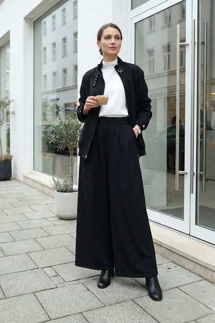 Jacketed Pleated Wide-Leg Ocean Fabric Suit with Pants - Black
