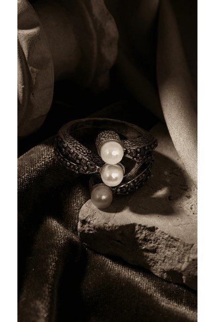 Bronze Jewelry Anthracite Color Marcasite Stone 3 Pearls Model Front Adjustable Vintage Women's Ring