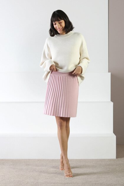 Pink High Waist Pleated Viscose Women's Knitwear Mini Skirt