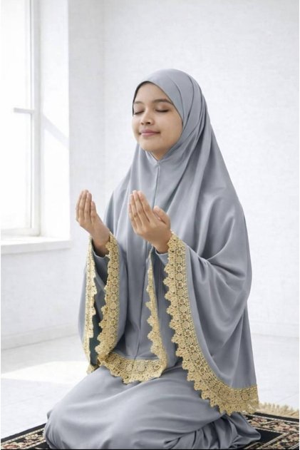 Girl's Luxury Velvet Prayer Dress - Lace Embroidered Cream Prayer Set - Gray Girl's Prayer Dress