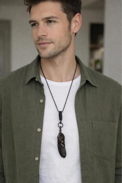 Unisex Feather Pendant Antique Bronze Color Long Chain Authentic Design Men Women Necklace