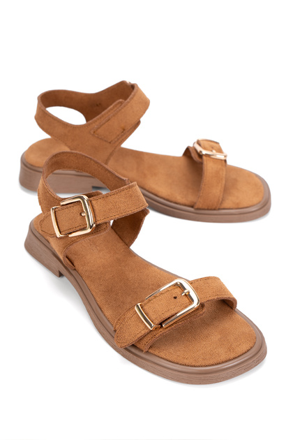 Women's Suede Buckle Detail Band Belt Sandals 6346 Taba Suede