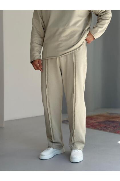 Seam Detail 100% Cotton Beige Sweatpants