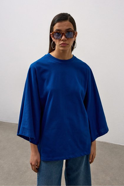 Mavi Geniş Kollu Uzun Basic T-Shirt