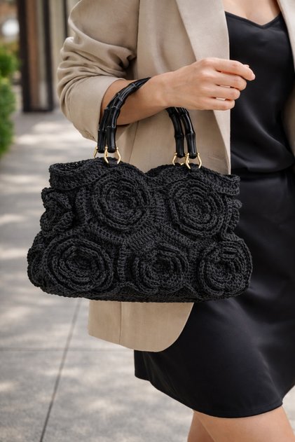 Elegant Black Knit Women\'s Bag Hand-Knit hand made Knit Bag Black Used | eBay main image 2