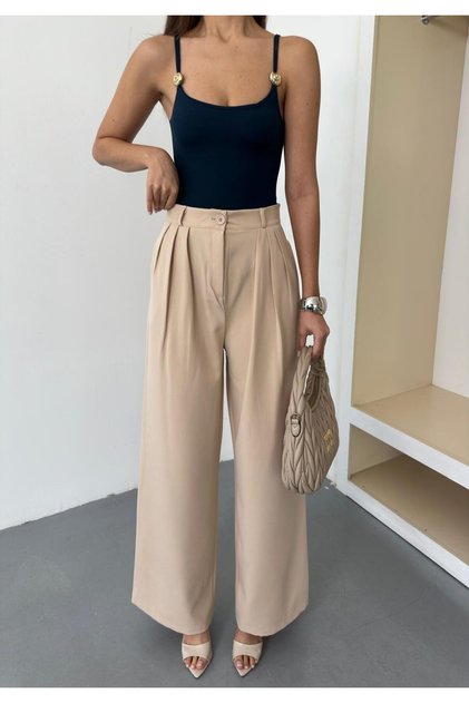 New Season Three Pleated Dok Woven Maş Bol Wide-Leg De Leg Palazzo Pants
