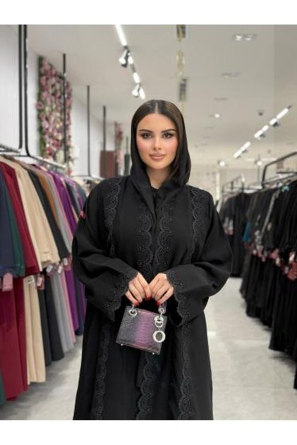 Abaya D 908 - Ceramic Fabric with Lace Inserts Half Flare - Black