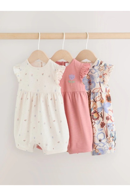 100% Cotton Lilac and Cream Colored Baby Rompers 3-Pack