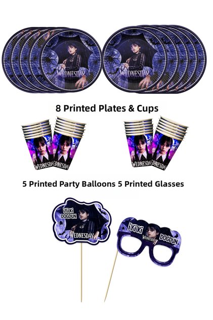 Wednesday Printed 8-Person Plate, Cup & 5-Piece Speech Balloon & Glasses Cake Topper Party Set