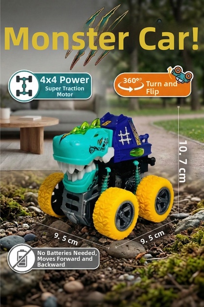 Dinosaur-Themed Monster Car - 360-Degree Tumbling Inertial Motorized Monster Truck Toy