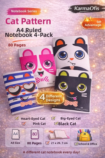 Cat Patterned A4 Striped Notebook 80 Sheets Set of 4–Heart-Eyed, Big-Eyed, Pink and Black Cat Design