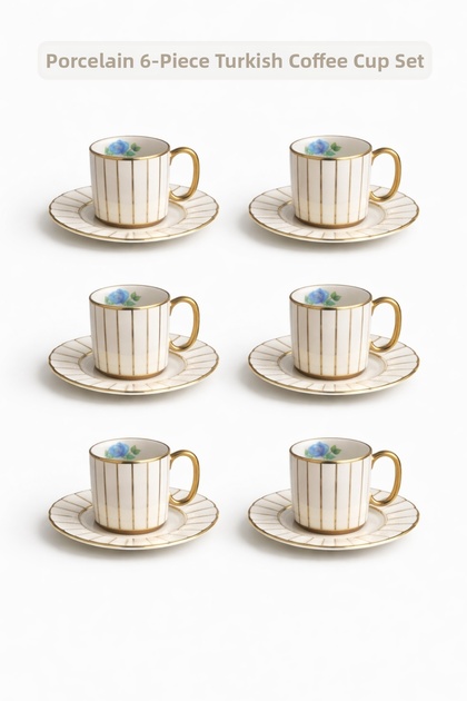 Gold Detailed 6-Piece Porcelain Coffee Cup Set - Gold Handle & Rim, Striped Designs, 6X90 ml