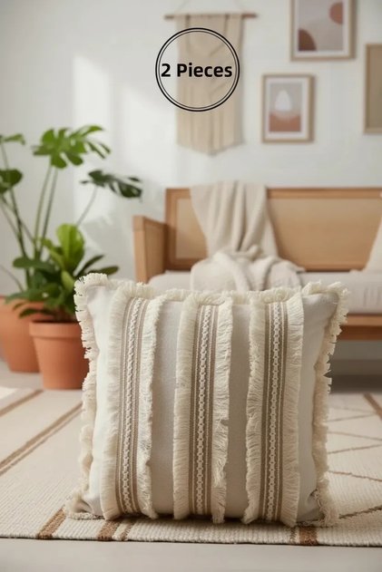 Three Lace Pieces Tasseled Raw Linen Cream Cushion 2 Pieces Cushion Cover (43 X 43)
