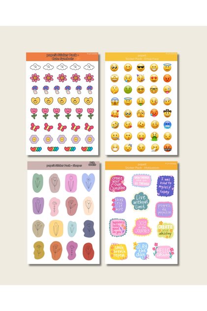 Agenda (Symbol, Emoji, Motivation, Shapes) Themed Set of 4 Adhesive Sticker Sheets