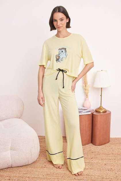 Sarı %100 Pamuklu Eğlence Baskılı Biye Detaylı Örme Pijama Takımı THMSS21PT0953