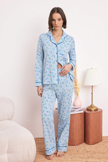 Açık Mavi %100 Pamuklu Çiçekli Biyeli Örme Pijama Takımı THMAW25PT00202
