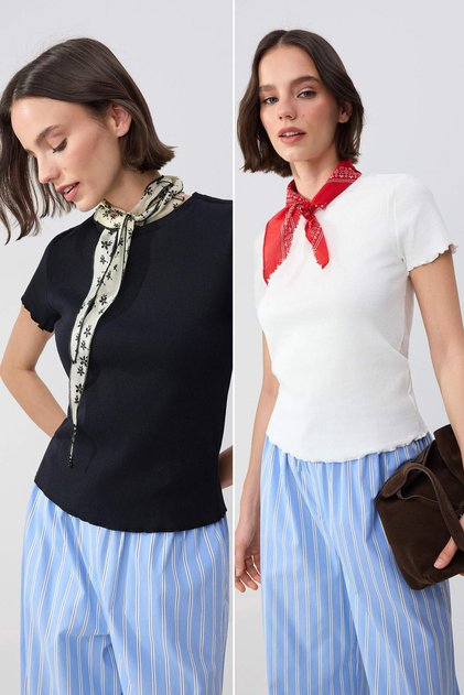 Wardrobe Essentials-Siyah-Ekru 2'li Paket Fitted/Vücuda Oturan Esnek Örme T-Shirt TWOSS26TS00154