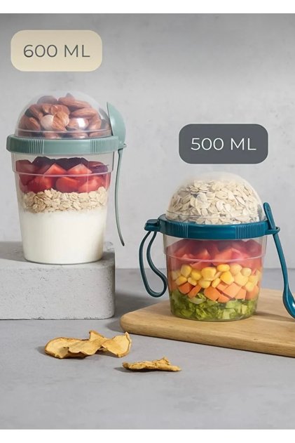 Cupă de lapte cu granola și muesli, 2 bucăți, recipient pentru iaurt cu linguriță (1 bucată 600 ml + 1 bucată 500 ml)