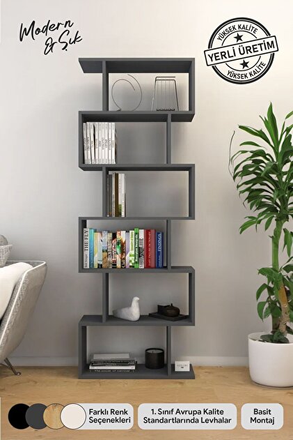 Mirobi Oregon 6 Raflı Zikzak Kitaplık, Dekoratif Raf 6 Raflı