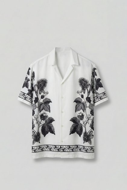 Men's Oversized Motif Cuban Collar Short Sleeve Shirt Ecru