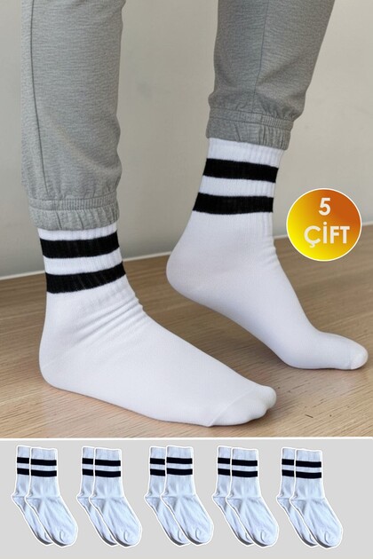 5 Pairs Unisex Black and White Striped Tennis College Sports Socks