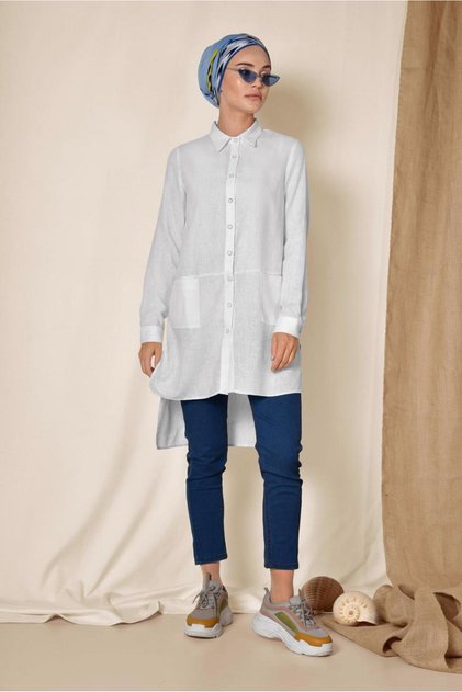 Asymetric Cut Linen Tunic with Pocket 4985