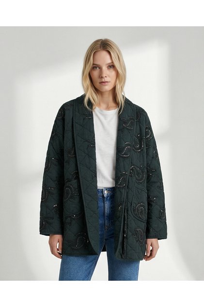 Kadın Kapitone İşlemeli Ceket – Payet Detaylı – Oversize Şık Tasarım