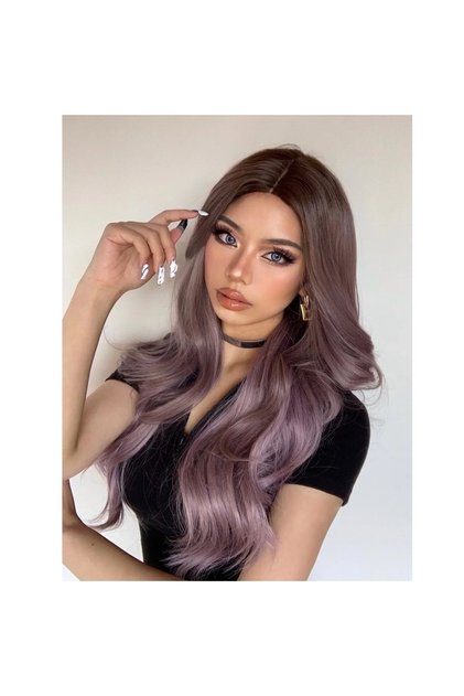 Perucă lungă violet-purpurie, fibră sintetică cu aspect, păr lung și ondulat, fără breton, 65 cm
