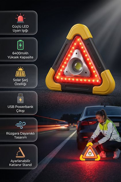 Reflektör Acil Durum Uyarı Lambası Solar Şarjlı LED Üçgen Trafik İkaz Powerbank Araç Işığı