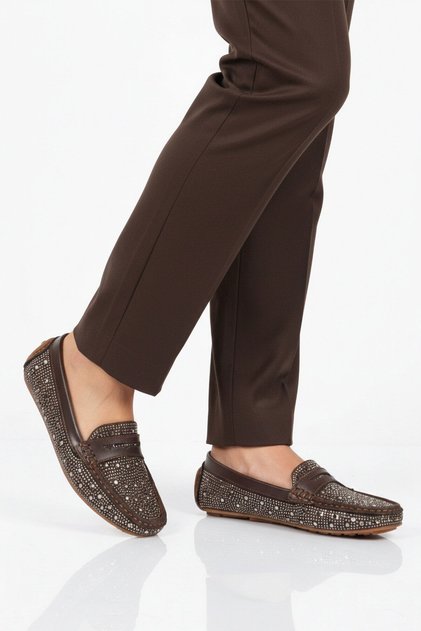 Brown Wide Fit Stone Embroidered H Lightweight E Stretchy Women's B Ballet Flats 302122 Z