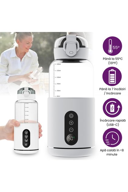 Incalzitor portabil pentru lapte si apa, Luxofia, 300 ml, baterie 5200 mAh incalzire rapida, alb
