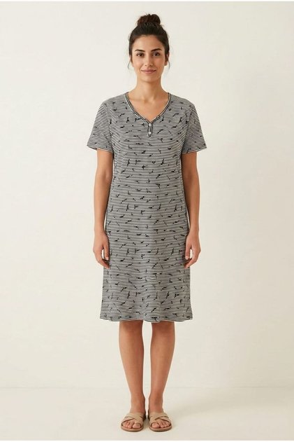 Relaxed Fit Black Striped Bird Patterned 100% Cotton V-Neck Short Sleeve Midi Length Everyday Women's Dress