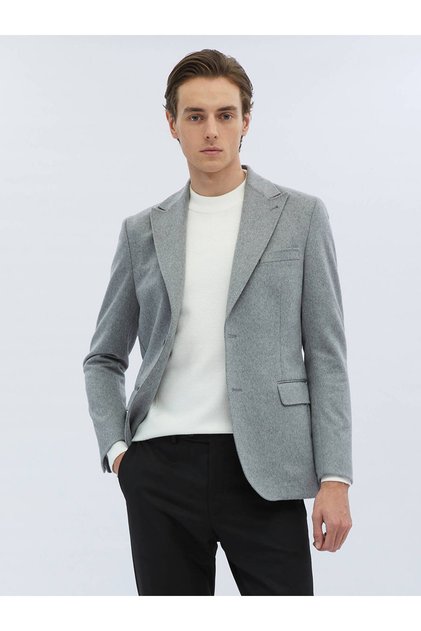 Gray Plain Modern Fit Wool Blend Jacket