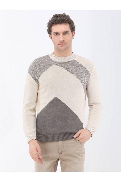 Mink Crew Neck Patterned Cotton Blended Sweater Sweater