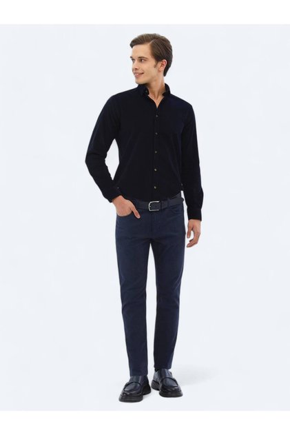 Navy Blue Woven Slim Fit Casual Cotton Blend Trousers