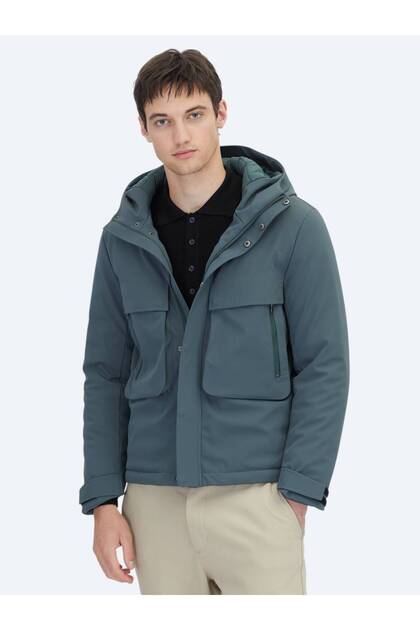 Khaki Regular Fit Hooded Casual Woven Coat
