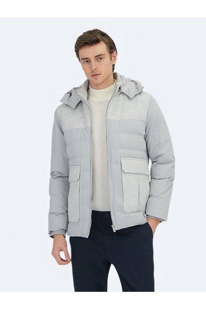 Light Gray Regular Fit Stand Collar Casual Woven Coat