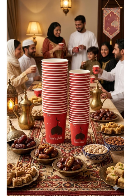 A set of 60 paper cups and mugs with the slogan "Ramadan Brings Us Together".