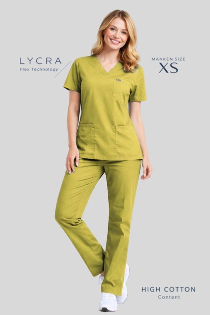 Fıstık Yeşili Premium Kumaş Likralı Cerrahi Doktor Hemşire Forma Scrubs Takım