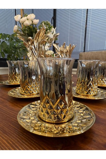 Titanium Coated Odi̇n Tea Set 12 Pieces - 6 Cups - 6 Plates Tea Set