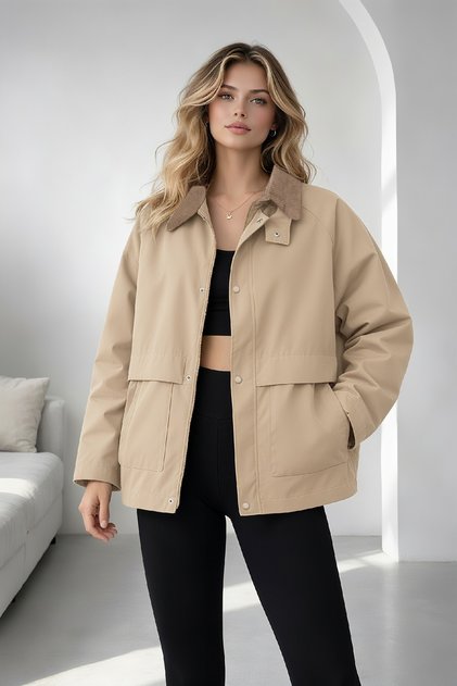 Taş Oversize Kadife Yaka ve Çıtçıt Detaylı Unisex Mevsimlik Mont&Ceket