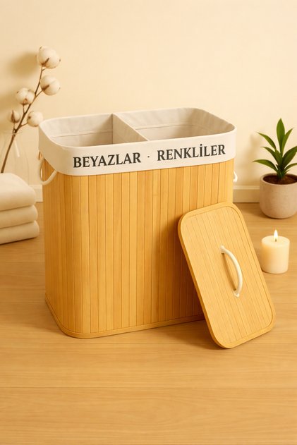 Bambu 2 Bölmeli Çamaşır Sepeti Kapaklı – Lights & Darks Ayrımlı Kirli Sepeti - 52x32x63 cm / 105 L
