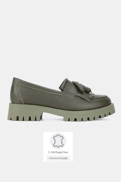 Green Genuine Leather Women's Loafers - Size 36-41 Tassel Shoes