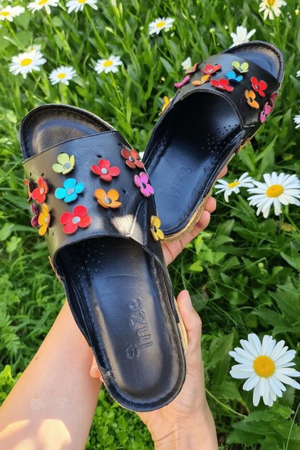 Navy Blue Floral Genuine Leather Slippers