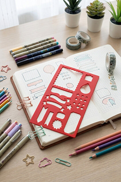 Riglă pentru șabloane pentru etichete, banner și figuri Bullet Journal – Compatibilă cu planificatorul