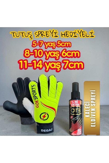 DEGAJ Çocuk Kaleci Eldiveni Bilek Bandajlı Kaleci Tutuş Eldiveni Spreyi 5-6-7 cm Avuç İçi